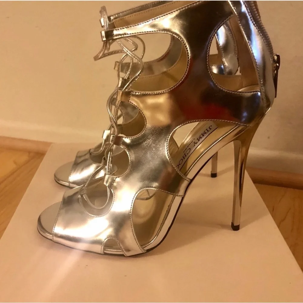 Jimmy Choo Metallic Silver Lace Up Heel Sandal 38 - Picture 2 of 5